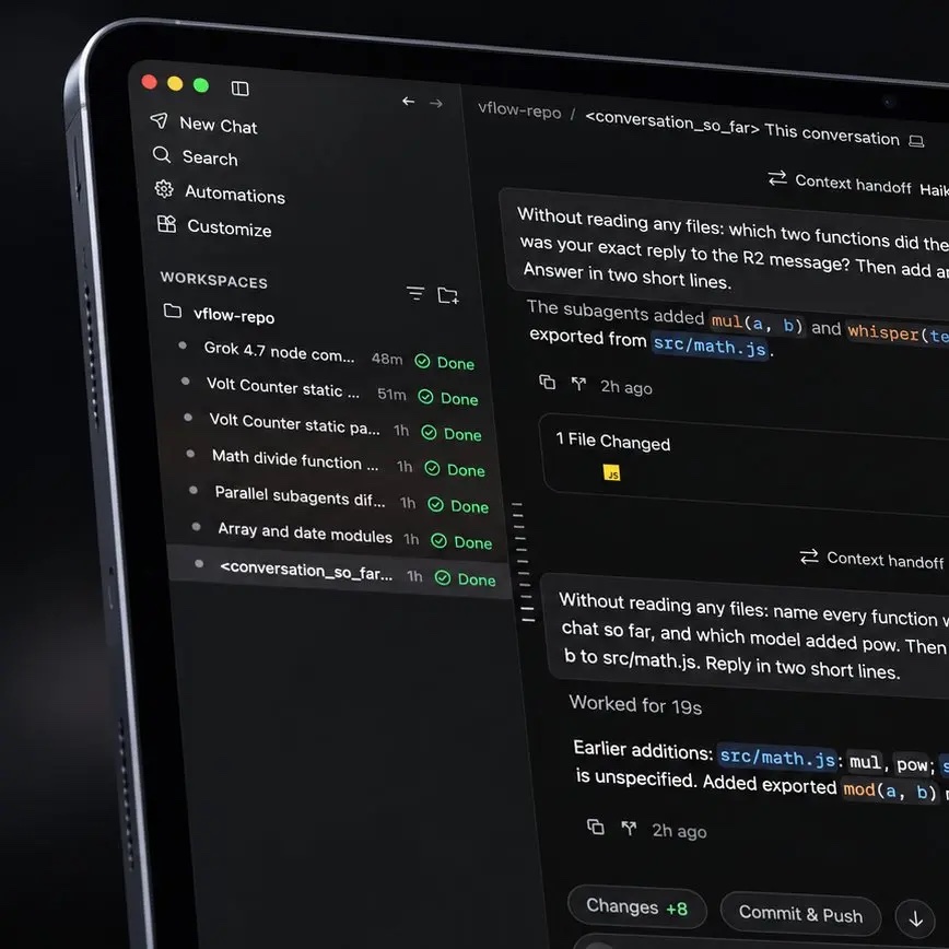 Volt on an iPad: the sidebar with workspaces and finished chats next to an agent conversation