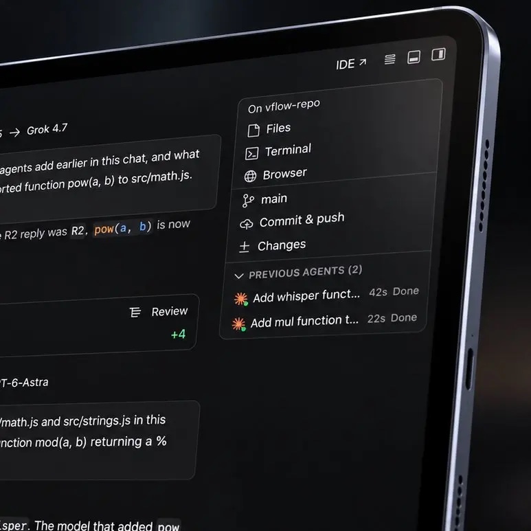 Volt on an iPad: the workspace menu with Files, Terminal, Browser, Git and previous agents